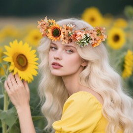 KorViSHOW Sunflower Flower Crown Headband, Handmade Yellow Daisy Floral Headpiece with Ribbon, Fairy Woodland Flower Headband for Women Girls Wedding Festival Vacation Renaissance Party Accessory