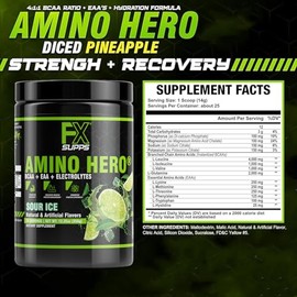 FXSUPPS Amino Hero Sabor Hielo Ácido (50 Porciones)  Bebida de Recuperación Post-Entrenamiento para Hombres y Mujeres  Mezcla Energética en Polvo con 