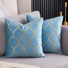 Arwllzz Light Blue Velvet Cushion Covers Decor 40x40 Set of 2 Luxury Golden Decorative Throw Pillow Case Modern Square Pillowcases for Bed Bedroom Couch Car Autumn Fall (16 x 16 Inch)