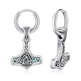 YEESIA Viking Earrings 925 Sterling Silver Thors Hammer Abalone Valknut Hoop Earrings Abalaone Fax Norse Jewelry Gift for Men Women