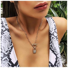 Yheakne Boho Rhinestone Lock Pendant Necklace Gold Paper Clip Chain Choker Necklace Cz Paved Padlock Necklace Circle T Bar Toggle Necklace Chain Jewelry for Women and Girls (Gold)
