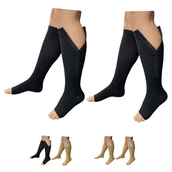 HealthyNees 2 Set Open Toe 20-30 mmHg Compression Leg Calf Swelling Zipper Sock (2 Pairs Black, S/M)