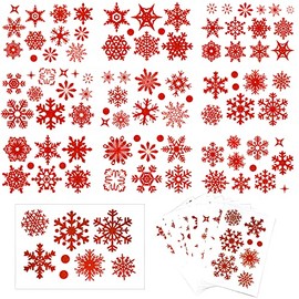 SaktopDeco 9 Sheets Glitter Red Snowflake Window Clings Decals Christmas Glass Static Stickers for Xmas Holiday Winter Decoration