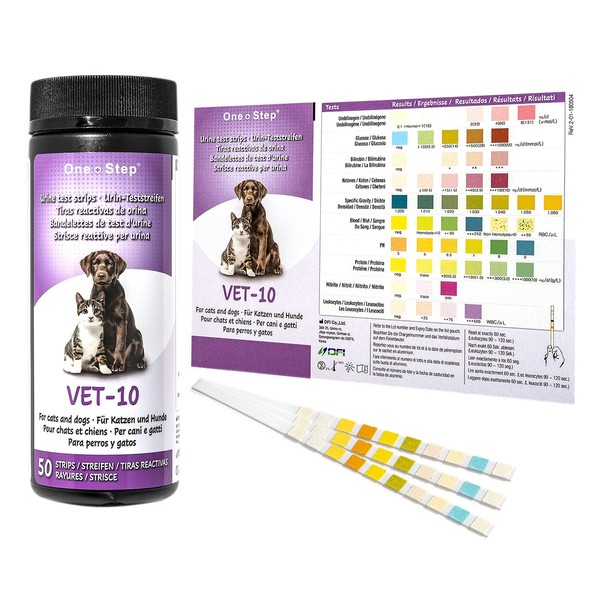 One Step Pet Urine Test Strips, 50 x Urinalysis Parameter Tests for Dogs, Cats, Vets & Animals. Accurate Testing for Veterinarians Detects UTI, Diabetes, Bladder, Kidney, Liver, SG, pH, Glucose
