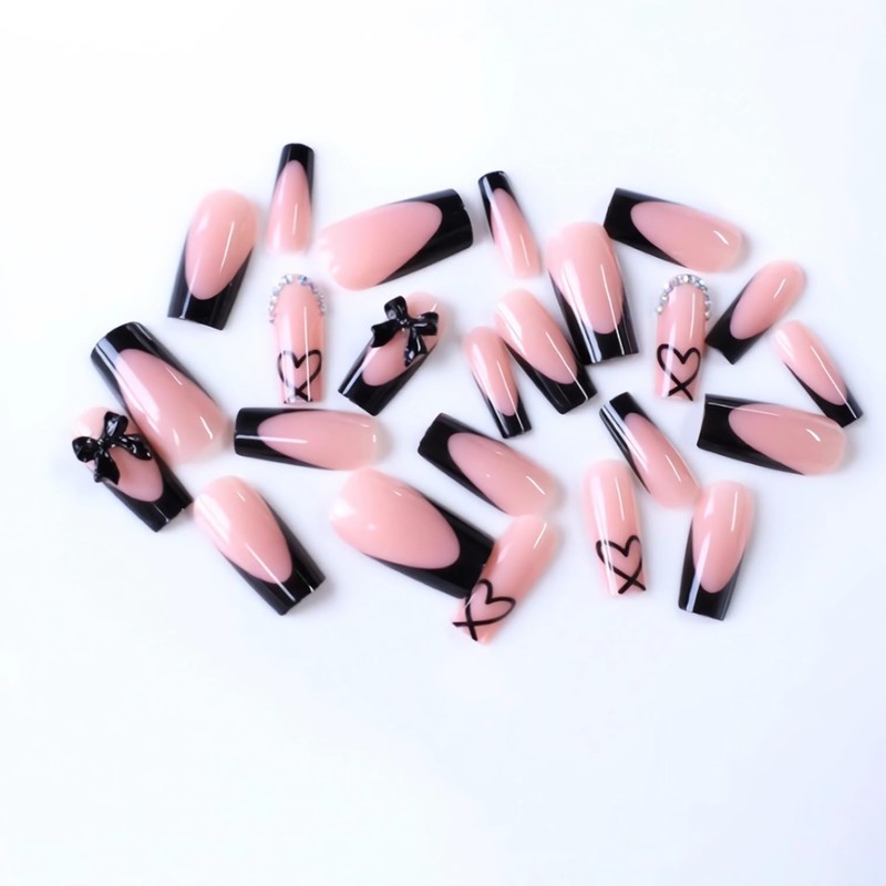 BABALAL Press on Nails Long Square Fake Nails Black French