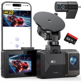 Dash Cam Front Rear, 4K/1080P Dual Channel Dash Cams with 64GB Card, Dash Camera for Cars with 5GHz WiFi, APP Control,2.0" IPS Screen,Night Vision,G-Sensor,170°Wide Angle,Parking Mode,Loop Recording