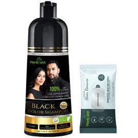 Herbishh Black Hair Dye Shampoo 200ml + Hair Color Stain Remover Wipes – Grey Coverage & Mess-Free Cleanup