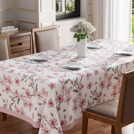 BOTB LIHM Watercolor Pink Flowers Leaves Bees Spring Tablecloth Rectangle Washable Table Covers for Summer Seasonal Indoor Outdoor Dining Table Home Party Decorations 60x84 Inch