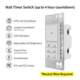 Minoston Countdown Timer Switch for Bathroom Fans and Lights, 5/10/30/60 min, 2/4 Hours, Wall Timer Switch, Neutral Wire Required, ETL & FCC Listed, 120VAC 60Hz, White (MT10N)