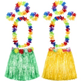 DtgEcd 2 SET Hawaiian Leis Hula Grass Skirt Set, Grass Skirt, Beach Party Outfits Costume Leaf Accessories Decoration Flower Leis Supplies Garland Tropical Sets Kids