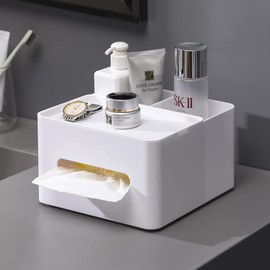 HornTide 5-in-1 Tissue Box 7.8inch Multifunction Countertop Organizer 3x Compartments 1x Tray Boutique Stationery Storage Caddy HIPS Plastic (White)