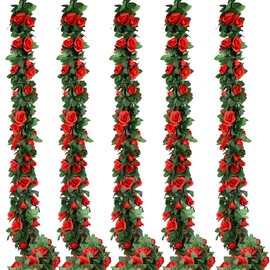 5pack Flower Garland Artificial Fake Rose Garland Vine Artificial Flowers for Decoration Floral Garland Decor-Total 41 Ft (Red)