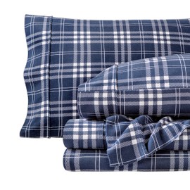 Bare Home Flannel Sheet Set Prints, 100% Cotton, Velvety Soft Heavyweight - Double Brushed Flannel for Extra Softness & Comfort - Deep Pocket - Bed Sheets (Full, Stirling Plaid - Blue/White)