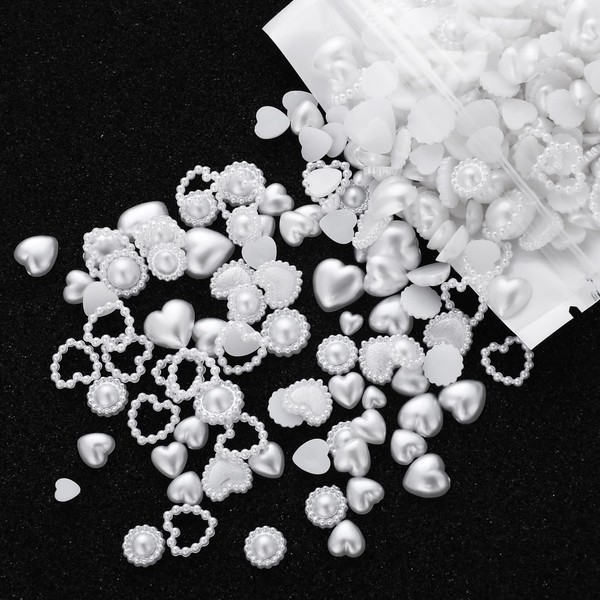 500PCS White Pearls Heart Nail Charms 3D Nail Beads Charms
