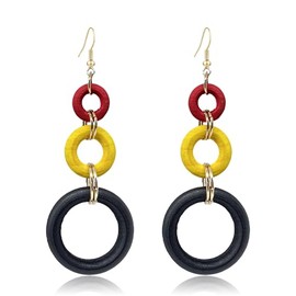 KaFu Bohemian Wood Earrings for Women Vintage Natural Geometric Hollow Hoop Wooden Dangle Earrings Lightweight African Statement Earrings Jewelry (red+yellow+black)