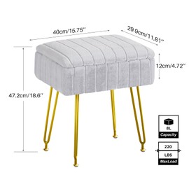 Redlife Vanity Stool with Storage, Vanity Stool Chair, Faux Fur Vanity Chair with Gold Leg, Footrest Footstool Ottoman, Multifunctional Makeup Vanity Chair for Vanity Makeup Room Bedroom(Silver Gray)