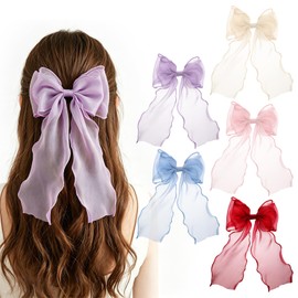5 Pcs Toddler Girl Bows for Hair Long, Big Hair Bow, Oversized Ties Barrettes With Long Tail Polyester French Ribbon Clips for Wedding Holiday Birthday Gifts(White, Blue Pink Purple Red)