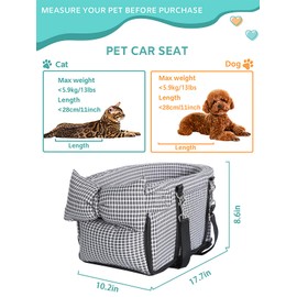 Prpeko Dog Car Seat for Small Dogs, Anti-Collapse Pet Seat with Soft Cushion Safety Belt, Fits Dogs & Cats Under 15 lbs (Grid-Black)