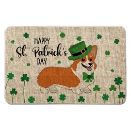 QIONG MENG St Patricks Day Door Mat Corgi Welcome Doormats Dog Entrance Rugs Farmhouse Home Kitchen Floor Front Door Mat for Indoor Outdoor 17 x 27 Inch