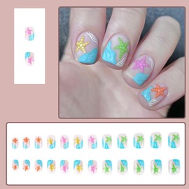 24 Pcs Spring Nude Press on Nails Short Square - YIHONGYAN Acrylic Nail Art Kit Fake Nails Press ons Nail Tips False Nails Glue on Nails Full Cover Blue Ocean Graffiti Stick on Nails Supplies