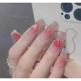 KAVI' S 24pcs French Tip Stick on Nails Coffin Medium Long Press on Nails Nude Gradient Glitter Fake Nails Ballerina Acrylic False Nails Jerry Glue for Women Girls Nail Art (Peach Heart)