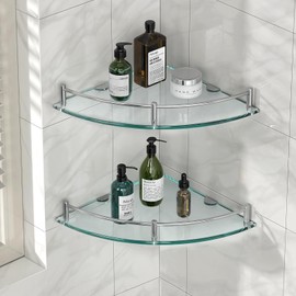 YorkHoMo Glass Corner Shelves Tempered Bathroom Eestantes para Baños with Rail Wall Mounted Drill Hole for Corner Shower Shelf for Inside Shower 2 Pack（Sliver）