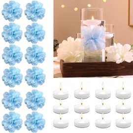 WPPNSY 24 Pcs Floating Candles for Centerpieces and Floating Flowers Artificial Flowers Head Vase Filler for Party Home Table Wedding Centerpieces Decoration (Blue)