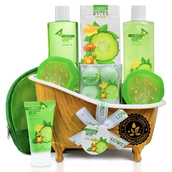 Birthday Gifts from Son, Home Spa Bath Basket Gift Set - Aromatherapy Kit for Men & Women - Natural Cucumber with Organic Melon - 12pc Skin Care Set with 2 Organic Melon Soaps, Body Lotion & More