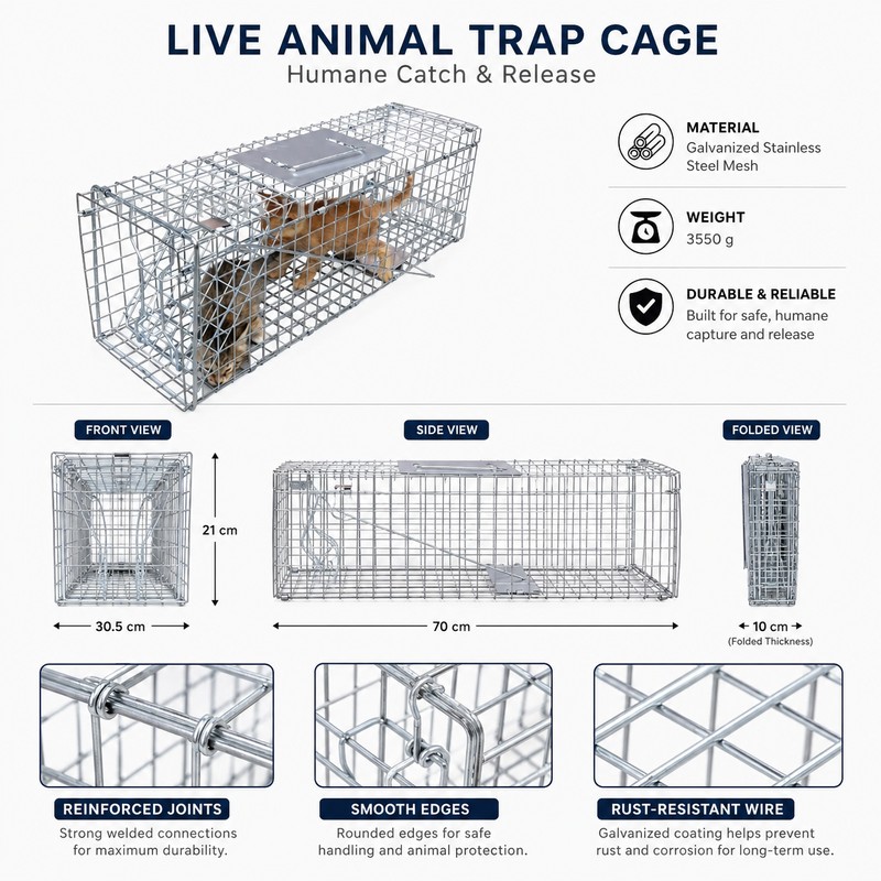 Large Animal Trap Cage for Live Capture – Foldable Stainless