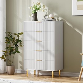 IDEALHOUSE White Dresser, Modern 5 Drawer Dresser for Bedroom with Gold Handle and Large Drawer, Wood Double Chest of Drawers and Storage Organizer for Living Room, Hallway, Entryway
