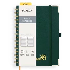 POPRUN Spiral Bullet Lined Journal Notebook, [A5 Size] - 120 Gsm Thick Paper, 141 Numbered Pages, Wirebound Notepad for Men & Women with Pocket, Index Tabs, 8 Perforated Sheets, Dark green