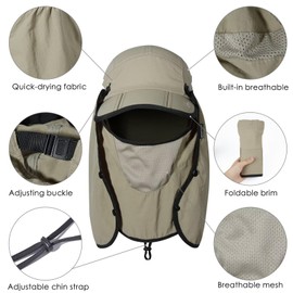 GADIEMKENSD Foldable Fishing Sun Hat with Neck Flap Face Cover UPF 50+ Sun Protection Cool Baseball Cap Adjustment Covering Removable Legion Hat for Fishing Gardening Hiking Work Khaki