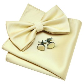 GUSLESON Mens Light Yellow Bow Tie and Pocket Square Cufflink Set for Wedding Solid Pre-tied Bow ties (0570-48)