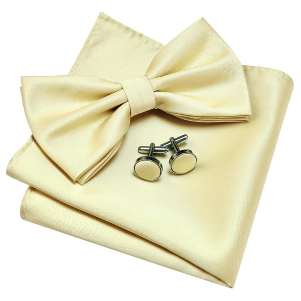 GUSLESON Mens Light Yellow Bow Tie and Pocket Square Cufflink