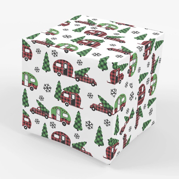 Stesha Party Buffalo Plaid Christmas Truck Camper Tree Gift Wrap 30 x 20 Inch (3 Sheets)