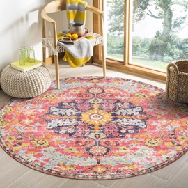 Lahome Bohemian Floral Medallion Round Rug - 4Ft Hot Pink Soft Round Area Rug Bedroom Kitchen Mat, Turkish Washable Indoor Floor Accent Bathroom Carpet for Nursery Living Room Home Office Hallway | Lahome