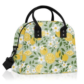 Clastyle Summer Women Lunch Box Bag Leaf Large Camping Adult Lunch Tote Insulated Cooler Bag for Office Work Picnic,Lemon Flower