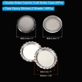 PATIKIL 40 Set Bottle Caps for Crafts, 1 Inch Double Sides Printed Craft Bottle Caps with Clear Resin Epoxy Stickers for DIY Craft Badge Making, Silver Tone