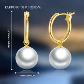 JAXXEL Pearl Earrings for Women, Pearl Drop Earrings 18K Gold Plated Hypoallergenic Earrings Pearl Dangle Earrings Fine Jewelry for Women (white 10mm)
