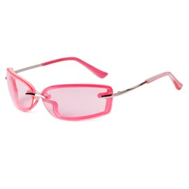 Rectangle Y2k Sunglasses Women Men 90s Retro Wrap Around Festival Rimless Pink Tinted Lenses Trendy Fashion Designer Sun Glasses for Gift Party