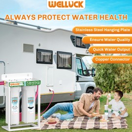 WELLUCK External RV Dual Water Filter System Reduce Chlorine and Odor, Camping Water Filter with mounting Bracket and Leak-Proof Brass Fittings for RVs Camping Trailer Motorhome Boat Marine Drinking