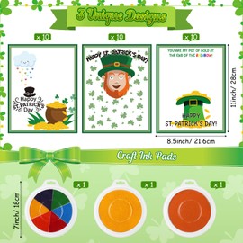 Motipuns 30 Pcs St. Patrick's Day Craft for Kid DIY Handprint Card with 3 Large Rainbow Ink Pad Make Your Own Irish Leprechaun Shamrock Gold Pot Coin Hats Card for Saint Patty's Day Classroom Activity