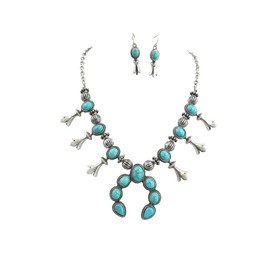 Skelapparel Southwestern Faux Blue Turquoise Squash Blossom Necklace & Earrings Set