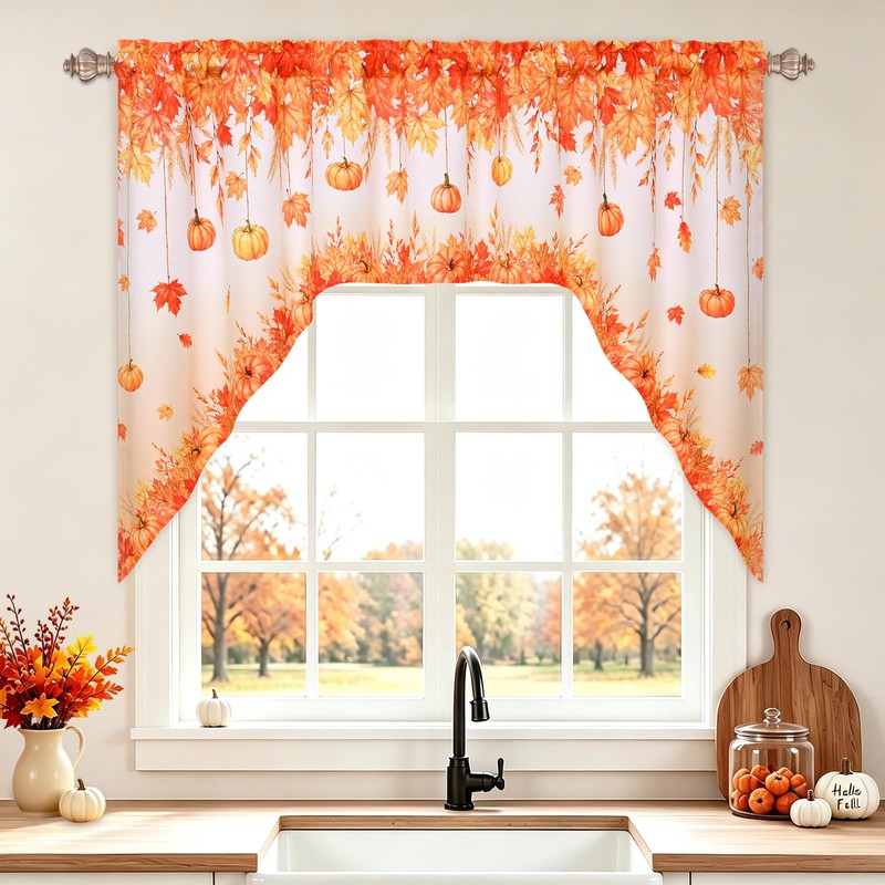 Fall Swag Curtains Maple Leaf Valances for Windows, Thanksgiving Pumpkin