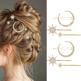 6 Pcs Clips de Pelo,Pinzas para el Pelo con Forma de Luna y Estrella,Estilo Vintage con Diamantes de Imitación y Copos de Nieve para Novias y Bodas,Doradas