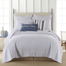 Levtex Home - Tobago Stripe Blue Quilt Set - Full/Queen Quilt + Two Standard Pillow Shams - White, Blue - Quilt Size (88x92in.) and Pillow Sham Size (26x20in.) - Reversible - Cotton Fabric