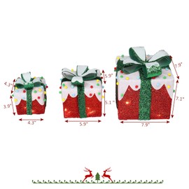 AMOPA Set of 3 LED Gift Boxes Christmas Boxes with Green Bows, Lighted Red Boxes with 60 LED Light String for Christmas Indoor Outdoor Home Yard Party Decoration