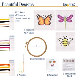 Kraftex Floral Stamped Cross Stitch Kits for Beginners - 3 Pack. DIY Embroidery Needlepoint Patterns for Adults and Kids. Easy Cross Stitch Kits for Beginners (Gardne Creatures)