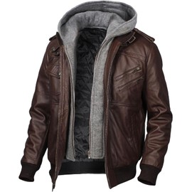 Storemm Mens leather jacket Geniune motorcycle Fashion jacket men with removable hood leather jacket for man (3X-Large, Regular, Coffee-brown+grey(hood))