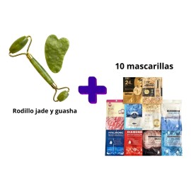 Rodillo Jade + Guasha + 10 Mascarillas Faciales Skin Care Todo Tipo De Piel